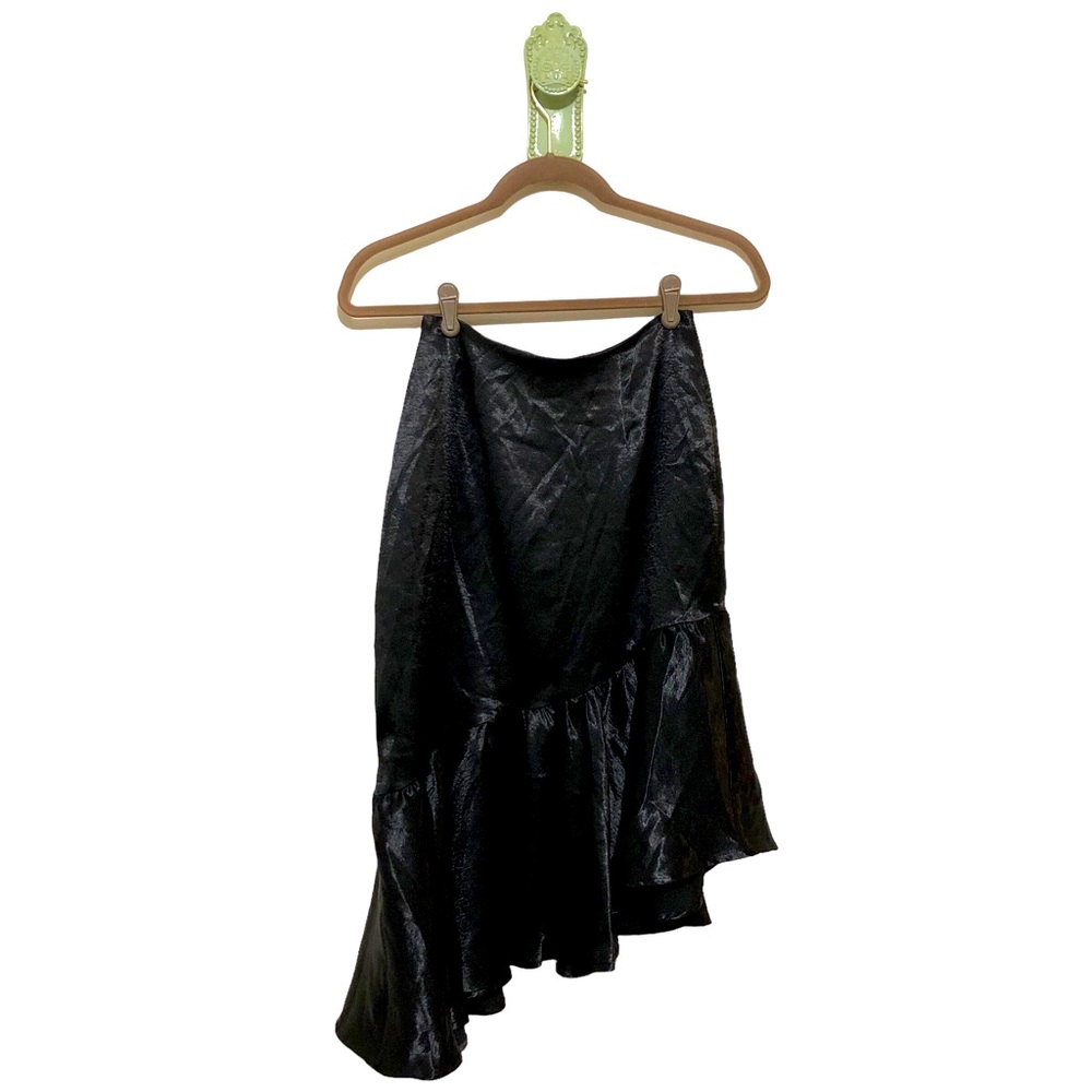 Metallic Shimmer Mermaid Skirt Midi Black Asymmetric Ruffle Flat Front Back Zip